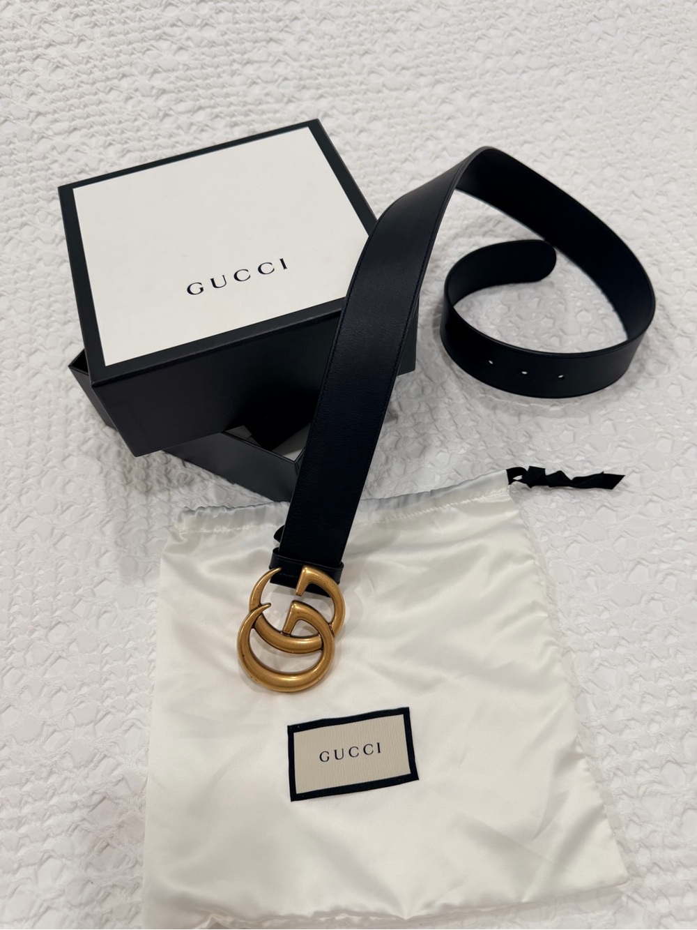 Gucci Black Leather Belt with Antiqued Gold Double G Buckle